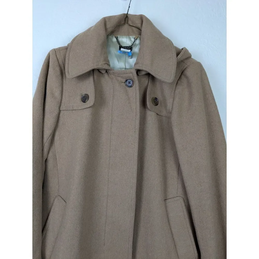 Y2K J Crew Wool OverCoat Womens Sz 4 Tan Camel Lined Winter‎ Jacket Hood Collar